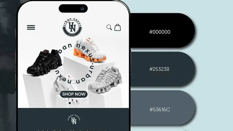 Urban Nexus ecommerce website on a phone with the brand colour palette