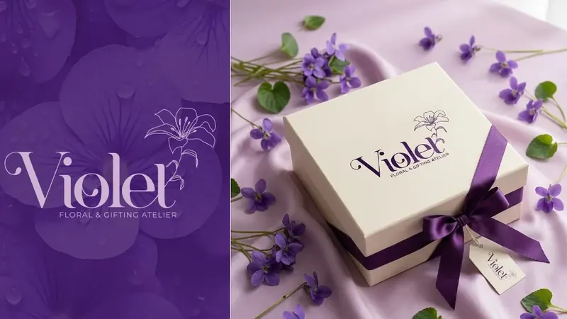 Violet Floral & Gifting Atelier logo on purple petals beside a branded gift box