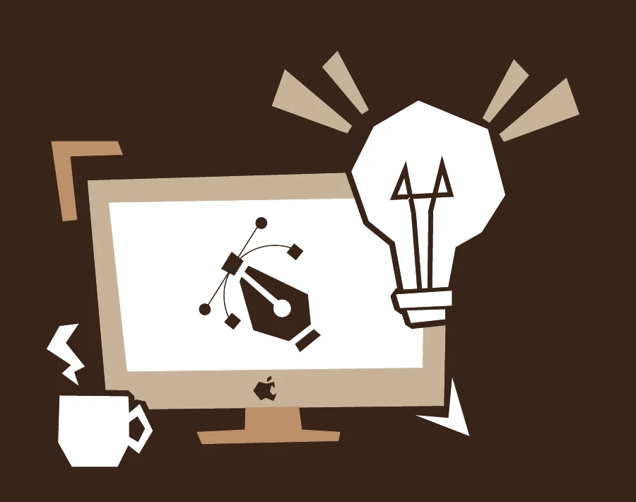 Illustration of a design monitor with a pen tool and light bulb