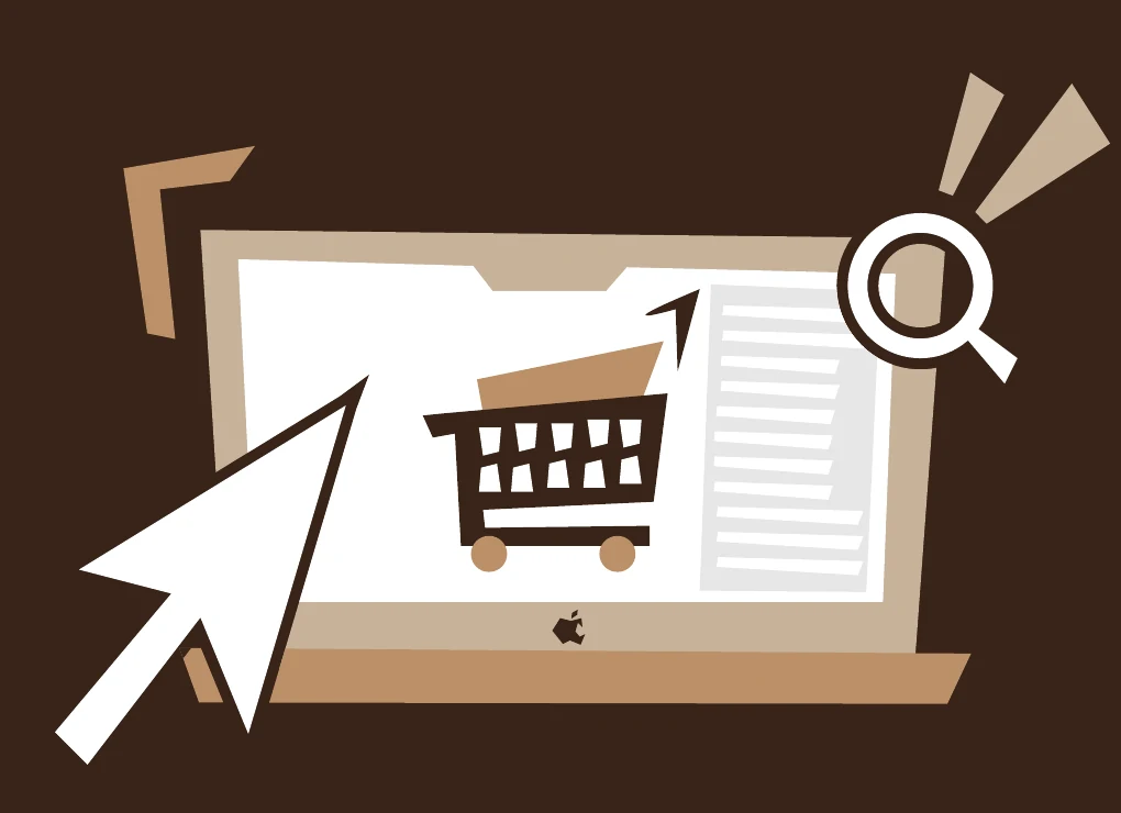 Illustration of a laptop showing an online store with a shopping cart
